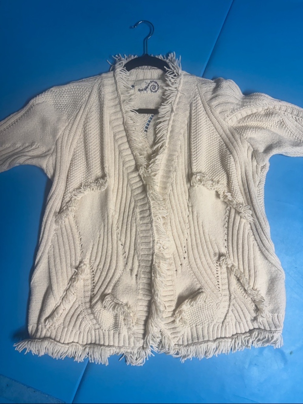 Anthropologie Cream Fringed Open-Front Knit Cardigan